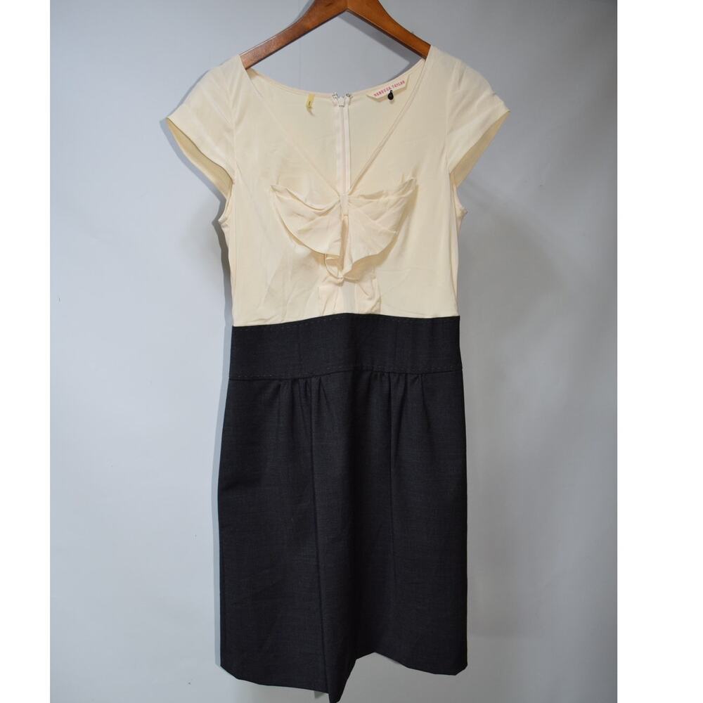 Rebecca Taylor Size 8 Cream & Charcoal Colorblock Ruffle Front Dress